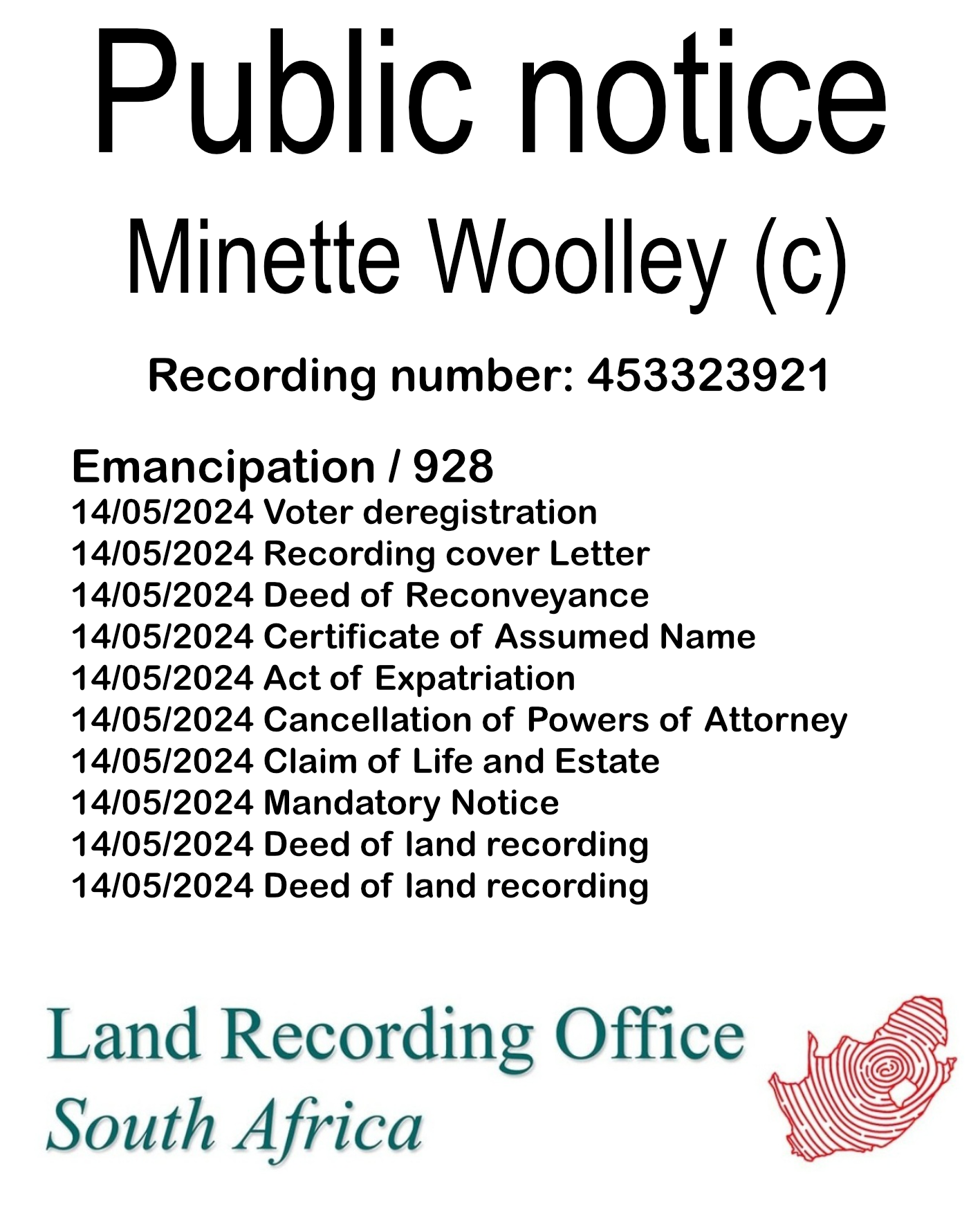 Public notice Minette Woolley Recording number 453323921